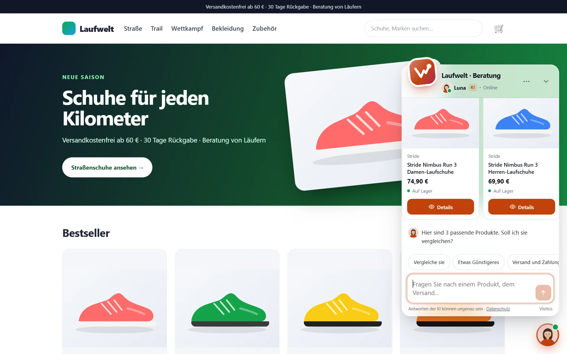 Luna empfiehlt in einem Demo-Laufshop Laufschuhe für Asphalt mit Preisen und Bestand aus dem Produktfeed