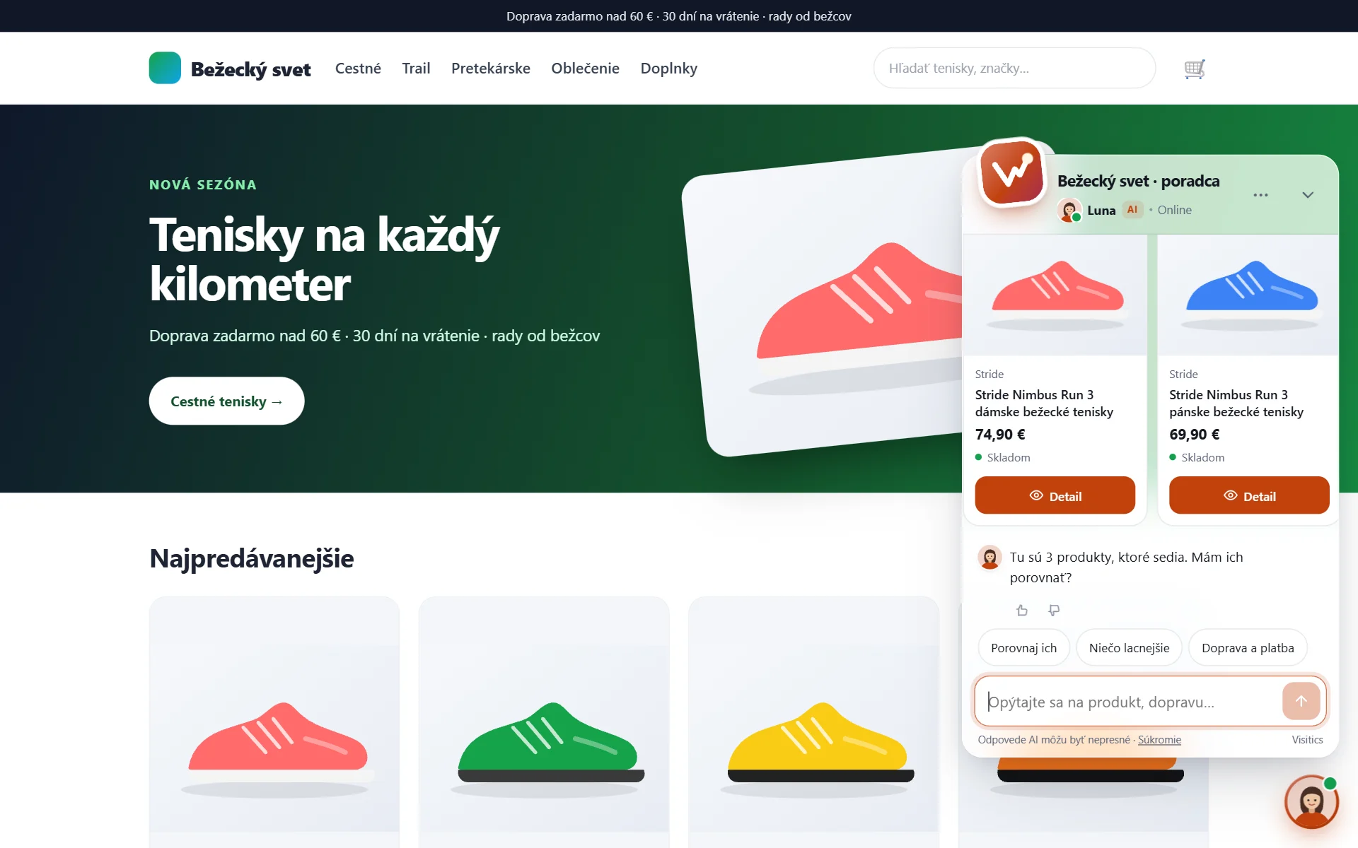 Luna na ukážkovom bežeckom e-shope odporúča bežecké topánky na asfalt s cenami a dostupnosťou z produktového feedu
